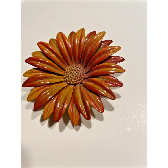 vtg mod retro daisy pin mad men fall burnt orange enamel 1950's - Picture 2 of 4